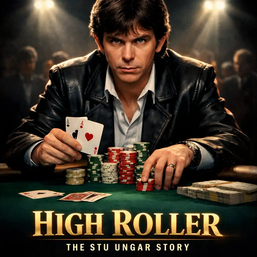 Plakat High Roller: The Stu Ungar Story z pokerzystą przy stole turniejowym w intensywnym świetle reflektorów