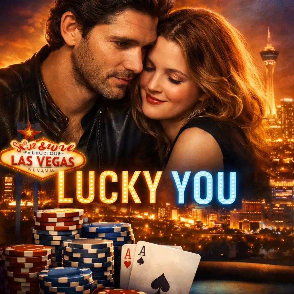 Plakat Lucky You z Erikiem Baną i Drew Barrymore na tle panoramy Las Vegas i żetonów pokerowych