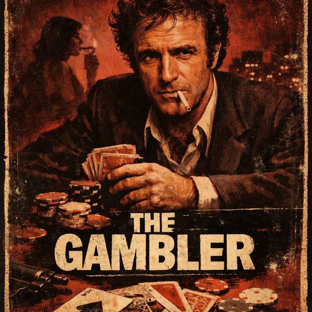 Mroczny plakat The Gambler z Jamesem Caanem i rozrzuconymi kartami w burgundowo-czarnej palecie